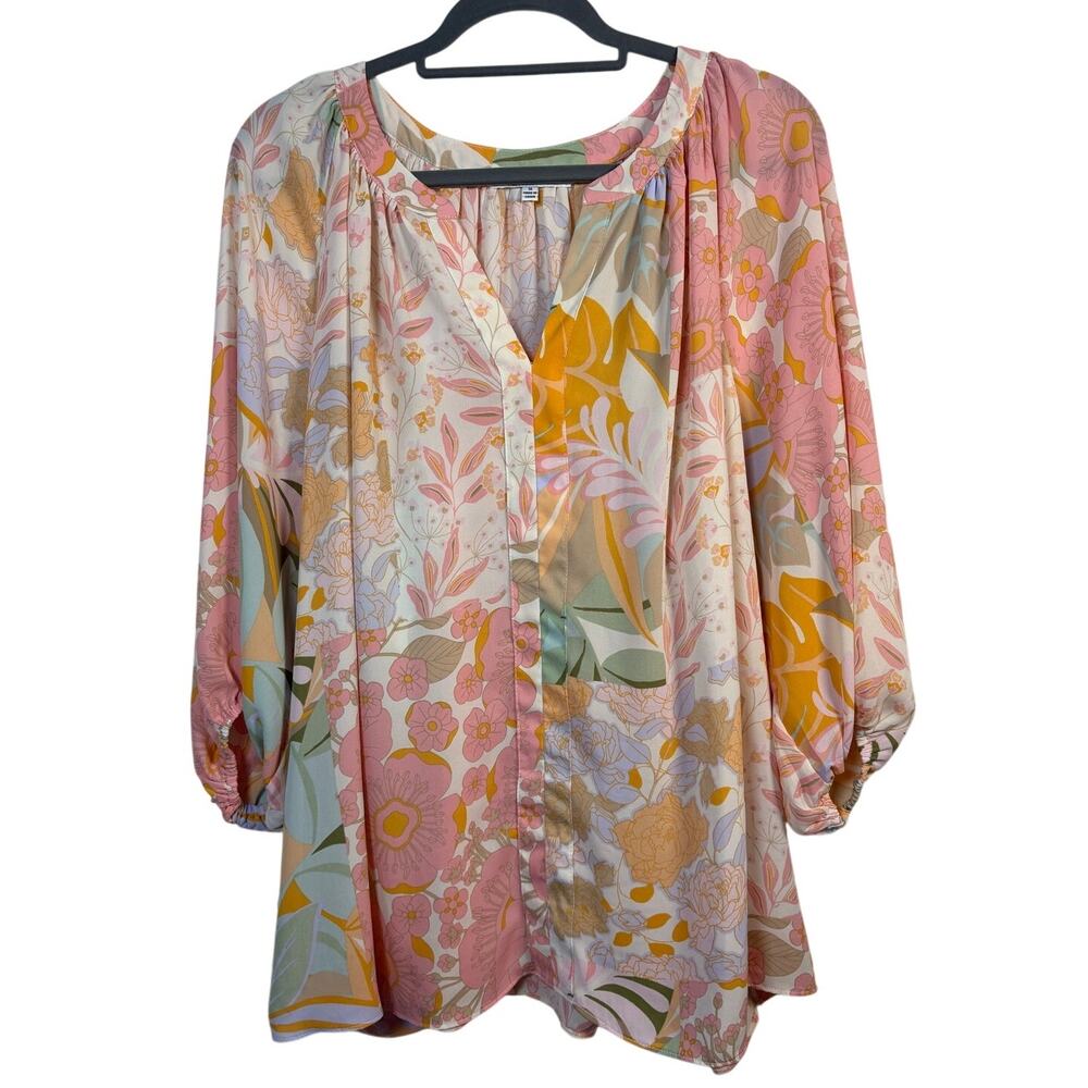Rose + Olive Boho Pastel Floral Patchwork Peasant Blouse Plus Size 1X